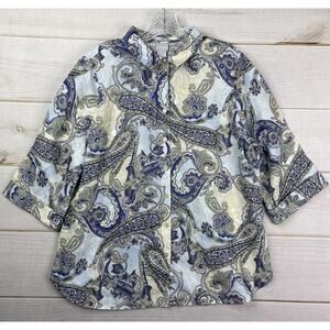 Chico's Top Sz 2 US L 12 100% Linen No Iron Blue Paisley Print Sleeve Button Up